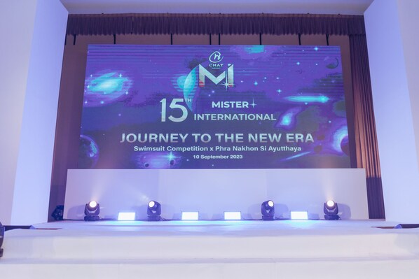 A presentation screen with the text "15th Mister International Journey to the New Era Swimsuit Competition" and "10 September 2023". - RUS Hotel&Convention (Ayutthaya)