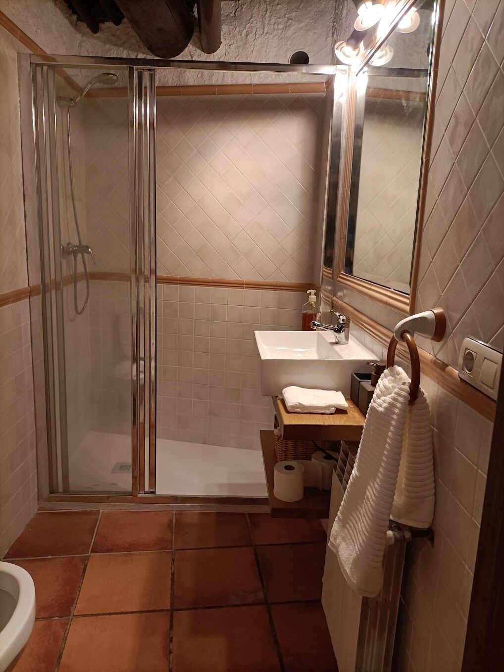 Une salle de bain avec une douche à parois de verre, un lavabo, un miroir et un porte-serviettes.