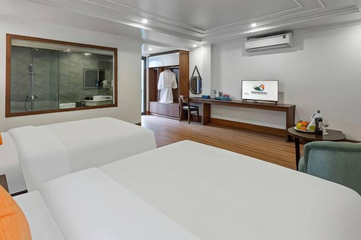 Premium bedding, down duvets, desk, laptop workspace