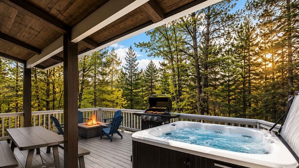 A wooden deck with a hot tub, a fire pit, and outdoor seating. - SlopeSide • Hot Tub • Arcade • Deck w BBQ+fire pit (Big Bear Lake)
