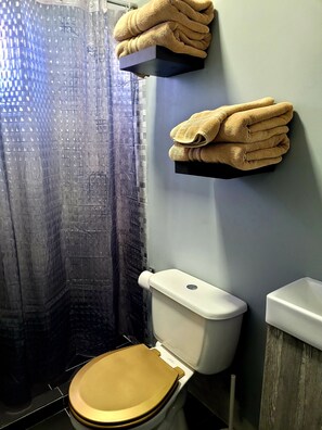 Dusche, Haartrockner, Handtücher, Seife