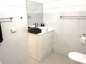 Shower, free toiletries, hair dryer, towels