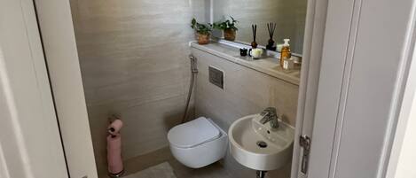 Suihku, hiustenkuivaaja, pyyhkeet, saippua