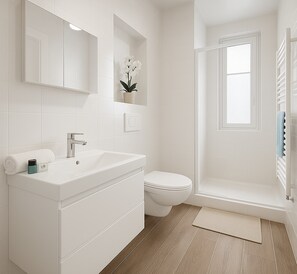 Shower, hair dryer, towels