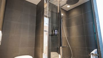 Shower, hydromassage showerhead, eco-friendly toiletries, hair dryer