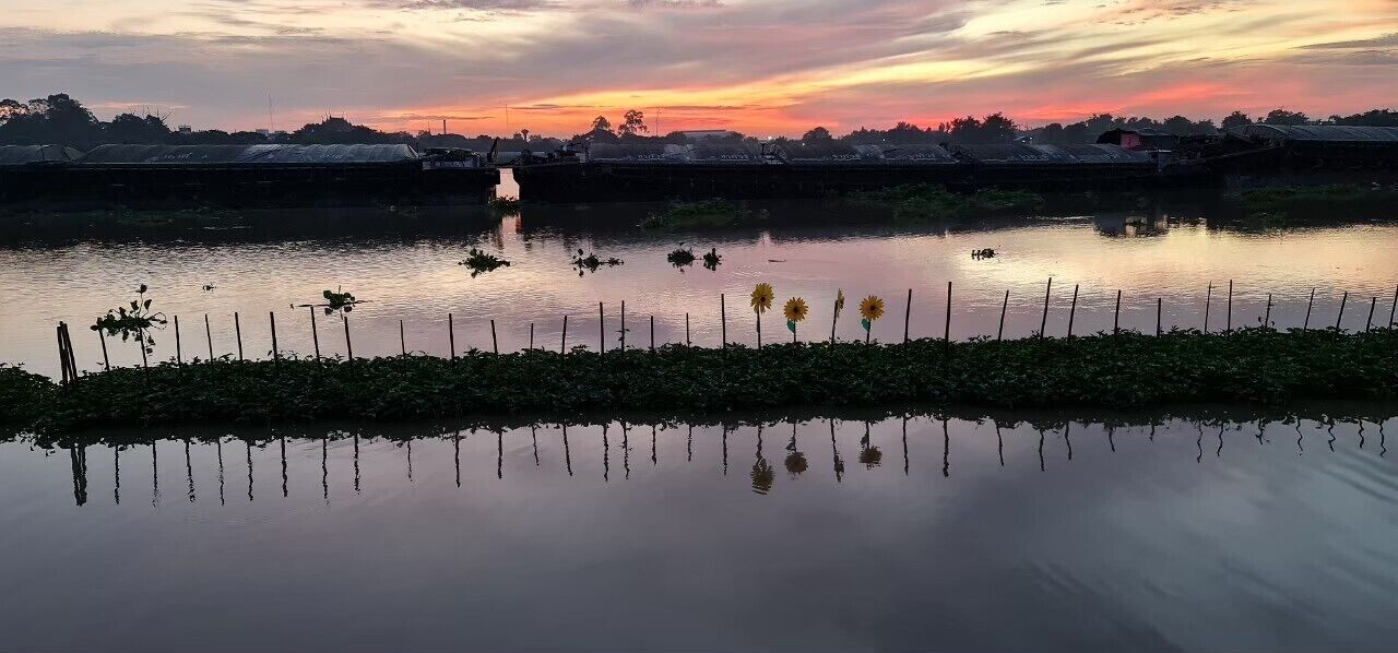 Una superficie acuática tranquila que refleja el cielo y la vegetación, con una cerca en primer plano y edificios al fondo.