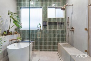 Eco-friendly toiletries, hair dryer, towels, soap