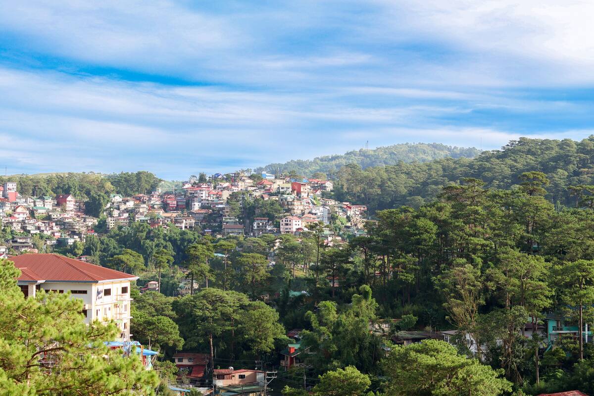 Un pueblo en la ladera con edificios muy juntos y frondosos árboles verdes.