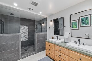 Shower, hair dryer, towels