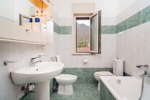 Bathtub, hair dryer, towels