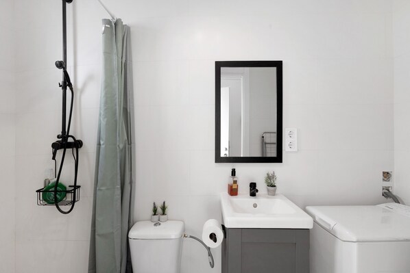 Une salle de bain équipée d’une douche, de toilettes, d’un lavabo et d’un miroir.
