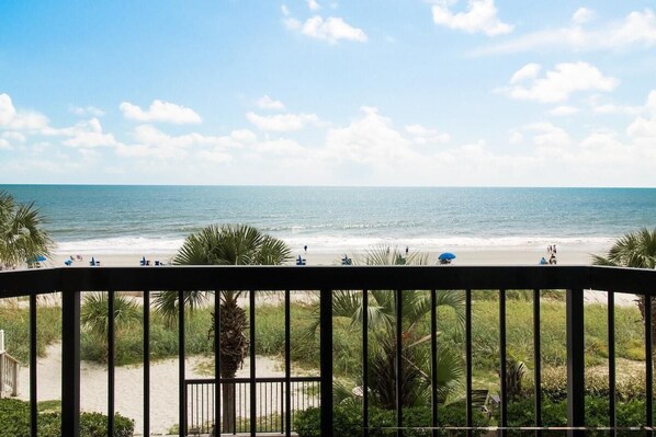 A beach view from a balcony with a railing, palm trees, and a clear sky.
