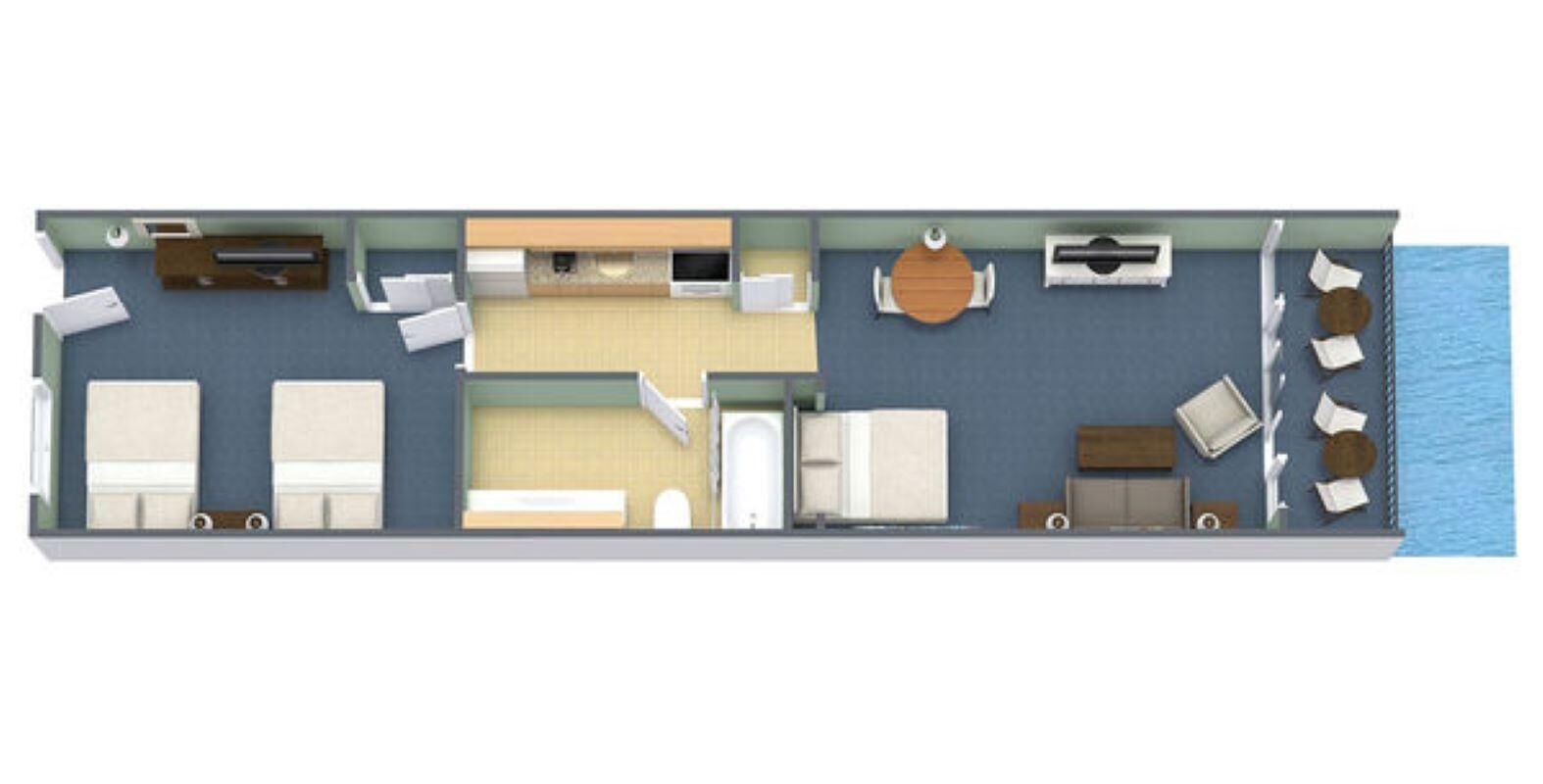 Un plan d’étage d’une chambre d’hôtel comprenant un lit, un bureau, une chaise, une petite table, un canapé et une fenêtre donnant sur la mer.