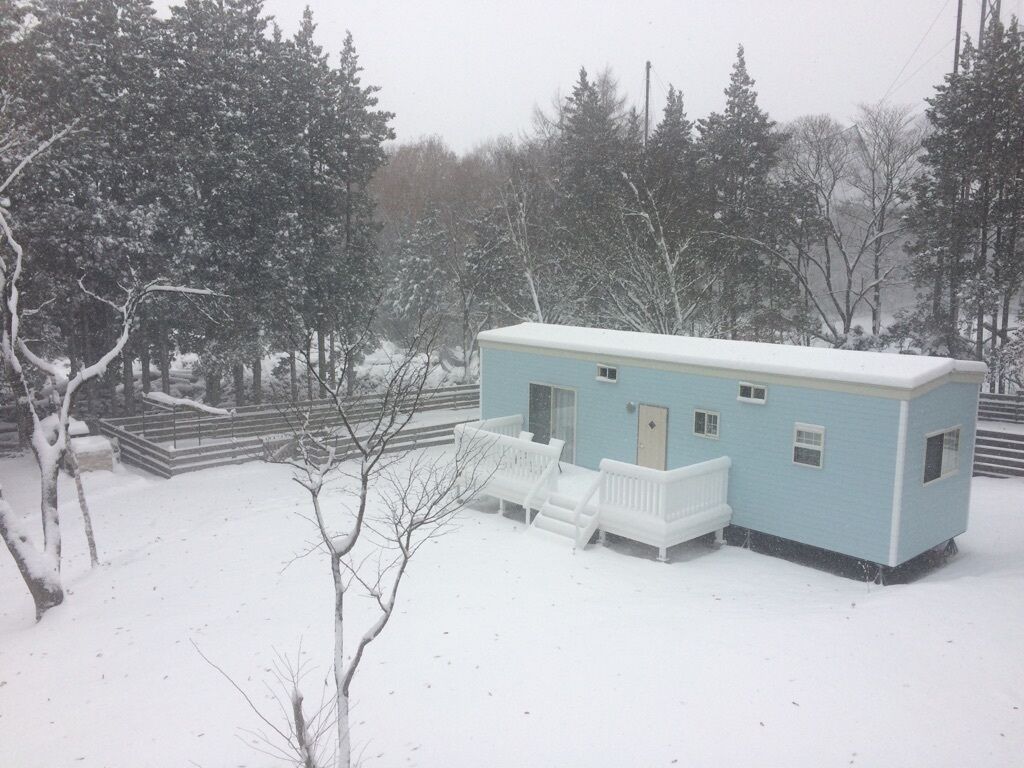 Une petite cabane bleu clair, dotée d’un porche et d’une porte, entourée d’arbres couverts de neige.