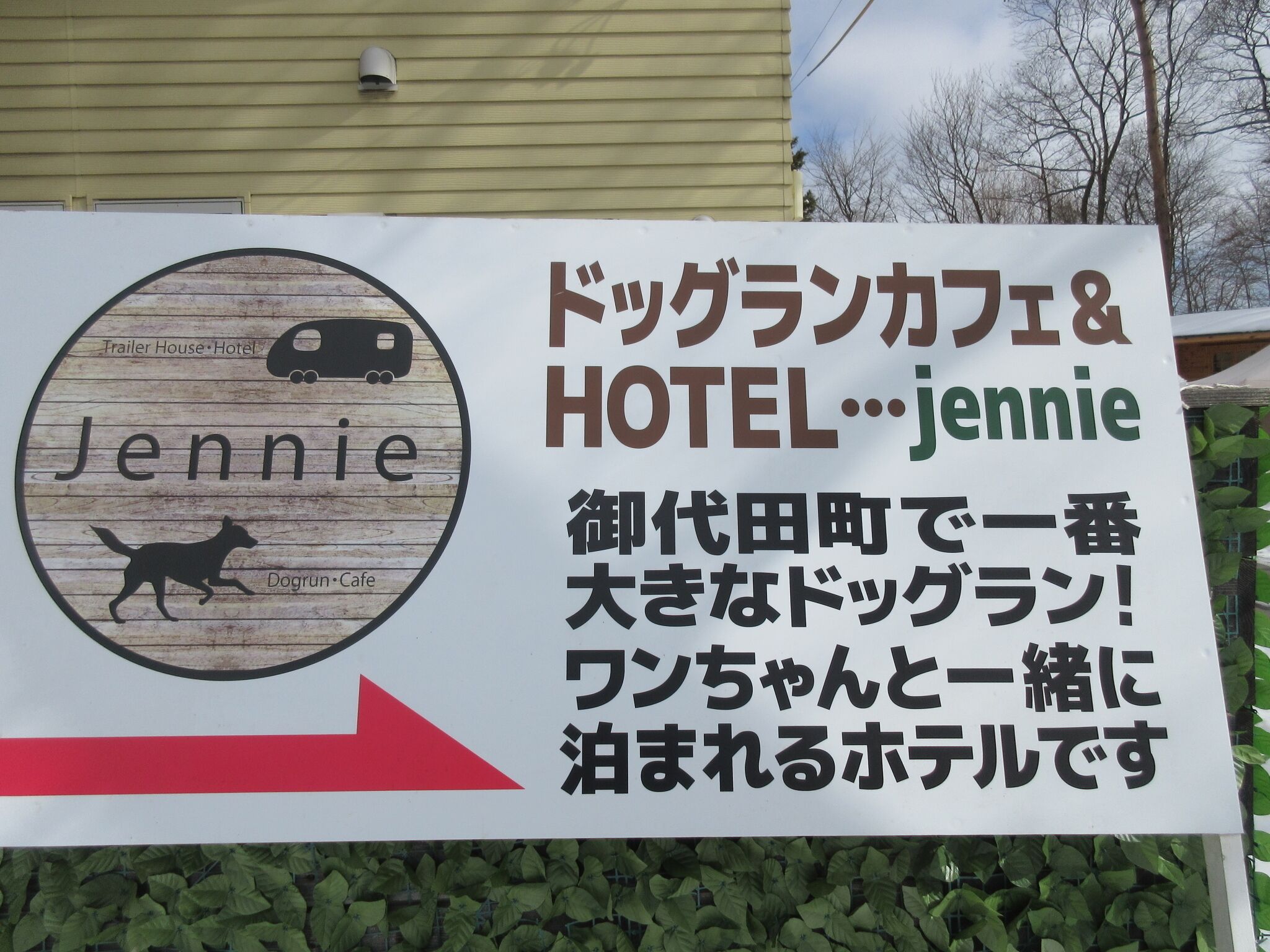 A sign for Jennie Dogguran Cafe & Hotel with a logo featuring a dog and a bus.