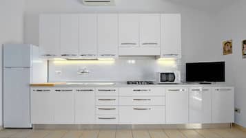 Kühlschrank, Mikrowelle, Herdplatte, Kochgeschirr/Geschirr/Besteck