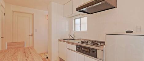 A compact kitchen with a gas stove, oven, and dishwasher.