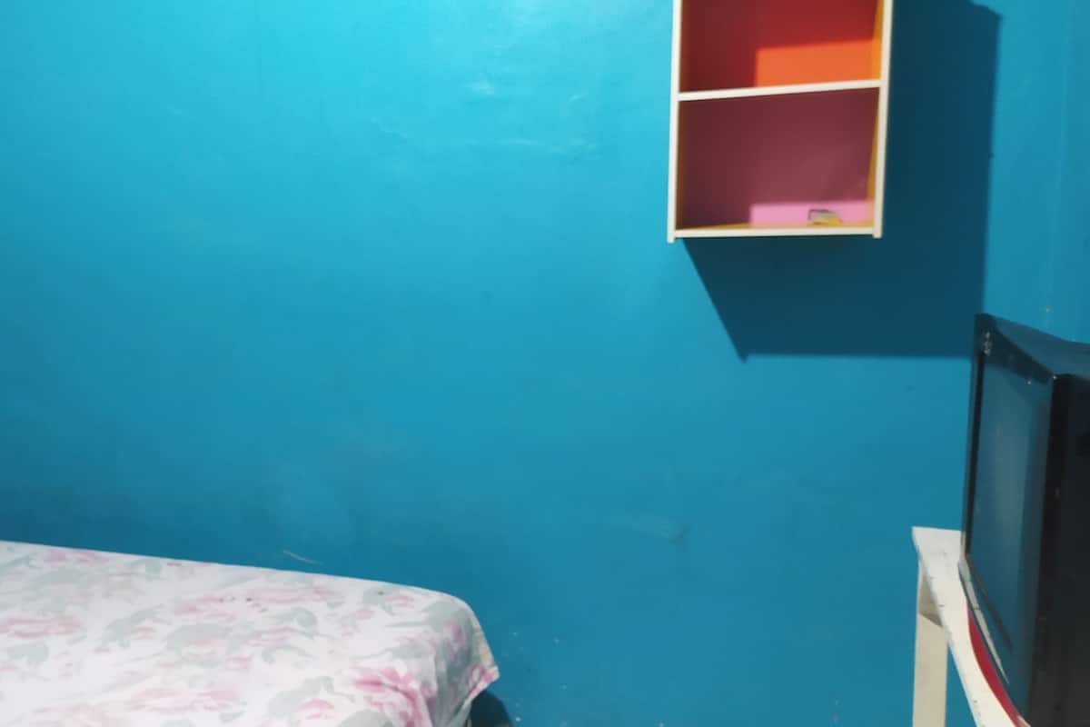 Une pièce avec un lit, un oreiller rouge, un mur bleu et une petite étagère.