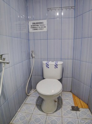 Een douche, handdoeken, toiletpapier