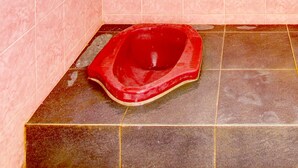 Un coin de salle de bain avec des carreaux roses et des toilettes rouges.