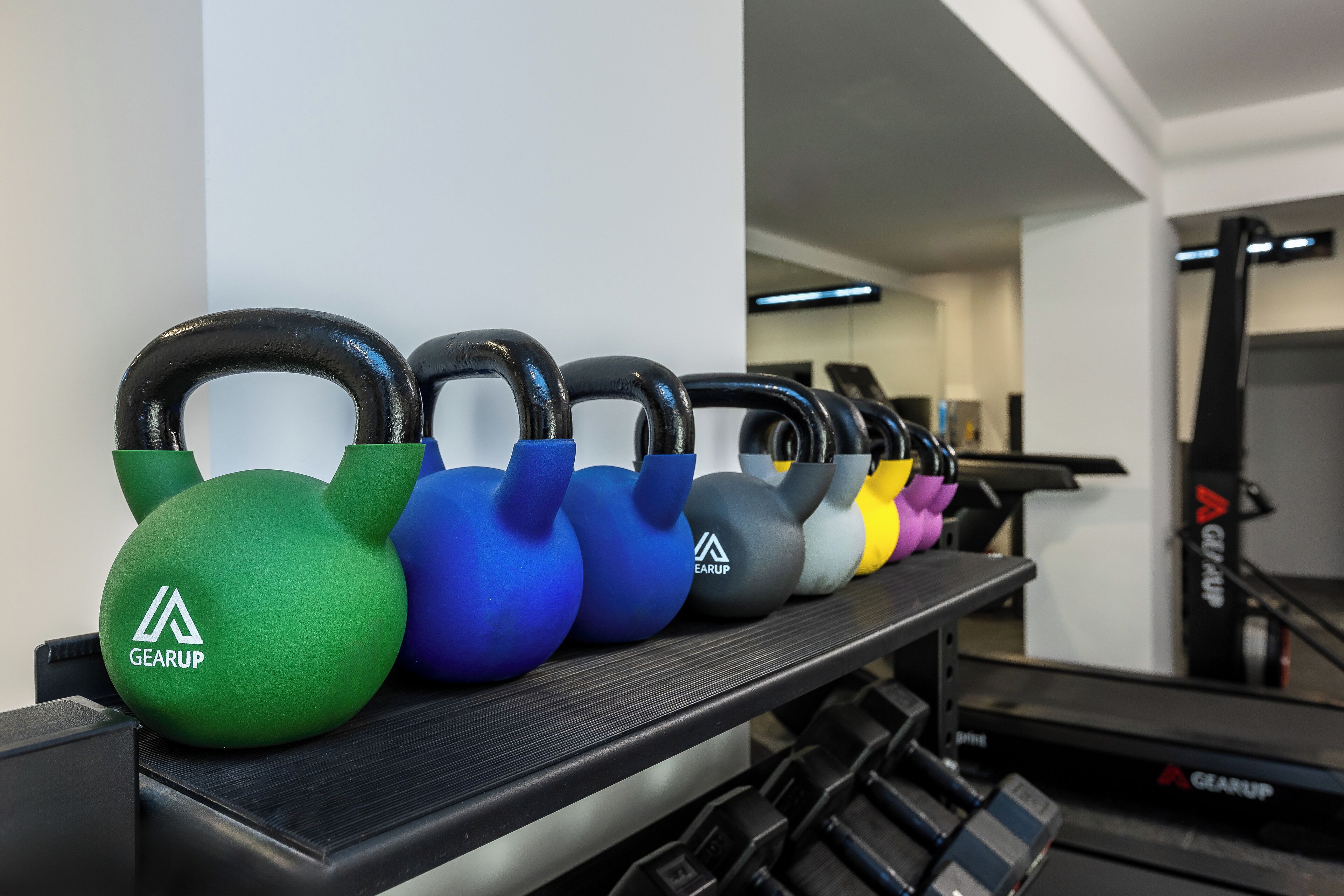 Varias mancuernas en un estante dentro de un gimnasio.