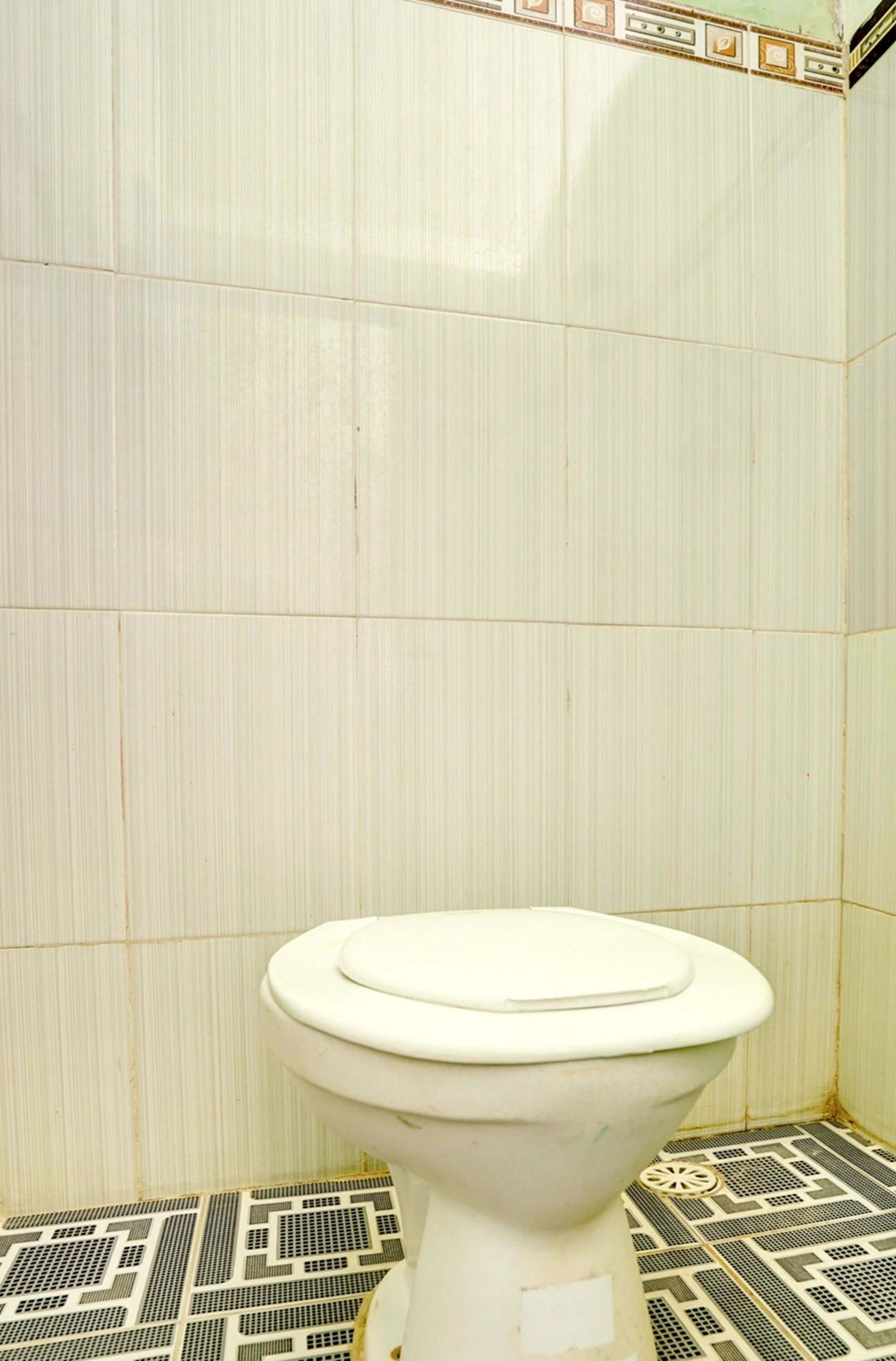Des toilettes dans une salle de bain dont les murs sont recouverts de carreaux et le sol est décoré de motifs.