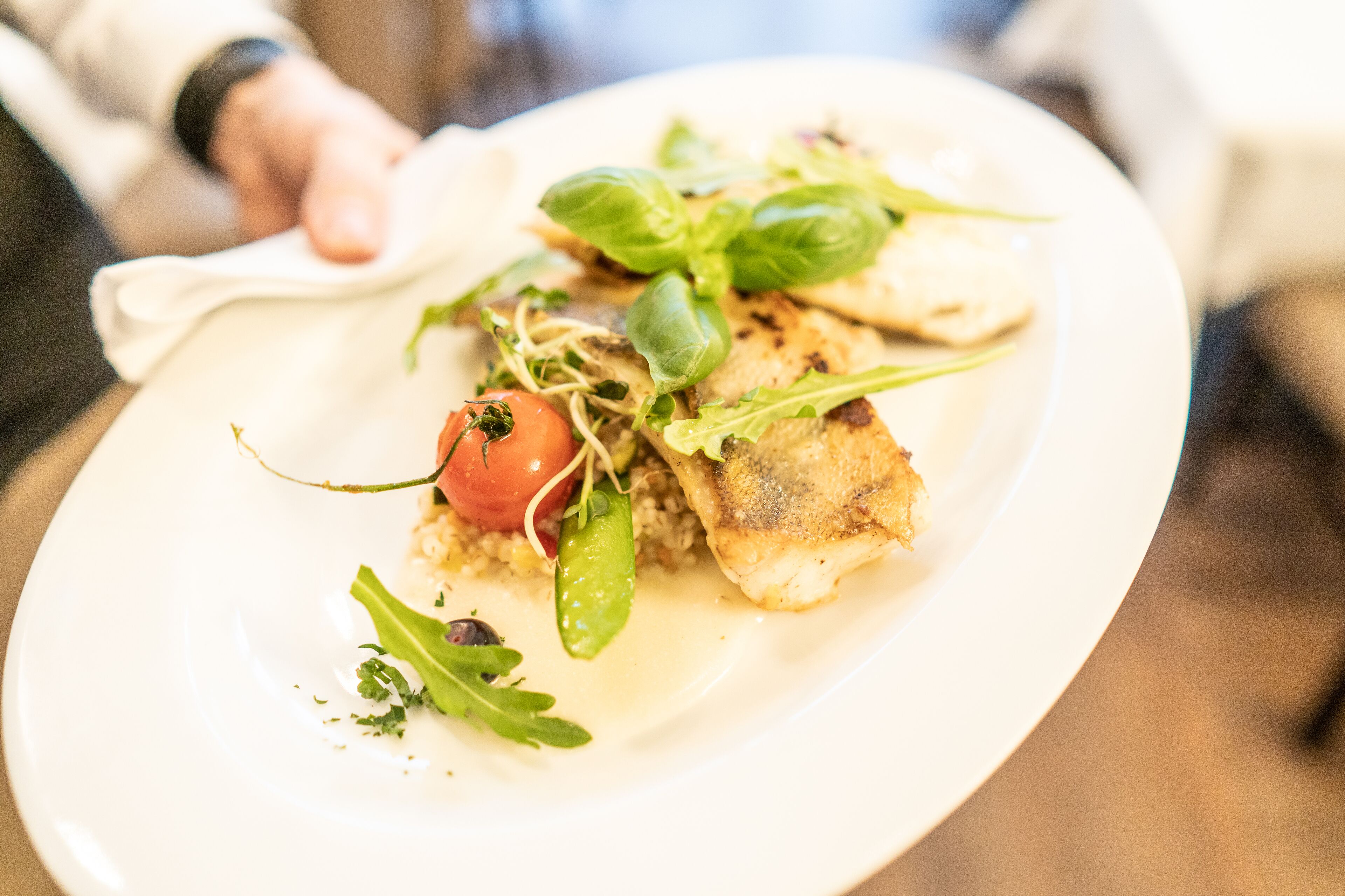 A plate of food with a piece of grilled fish, cherry tomato, and greens.