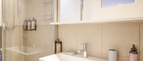 A bathroom with a white sink, a handheld showerhead, and a mirror.