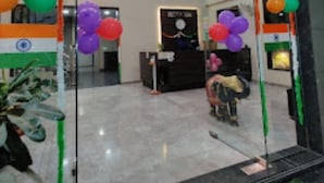 Zona de recepción con una araña, globos y mostrador de recepción.