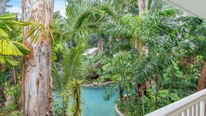 Un exuberante jardín interior con una piscina central, rodeado de diversas plantas y árboles tropicales.