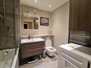 Shower, hair dryer, towels, soap