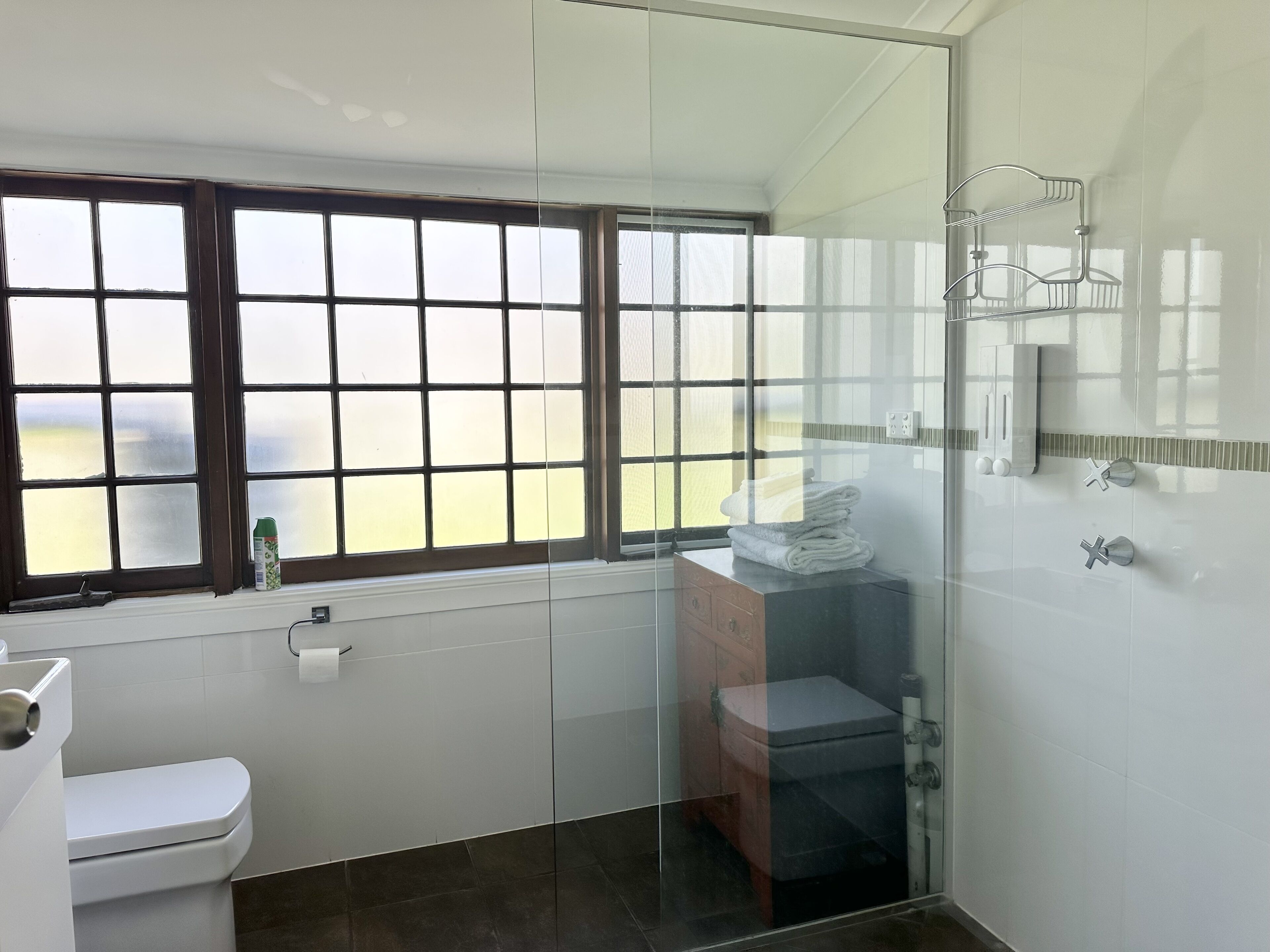 A modern bathroom with a glass shower enclosure, a toilet, and a window with frosted glass panes.