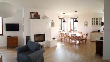 Smart TV, fireplace, books, video library