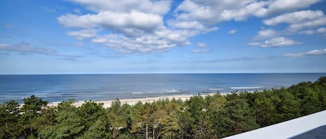 A beach view with a clear sky and ocean.