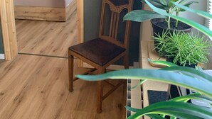 A room with a bed, a wooden chair, a desk, and a potted plant.