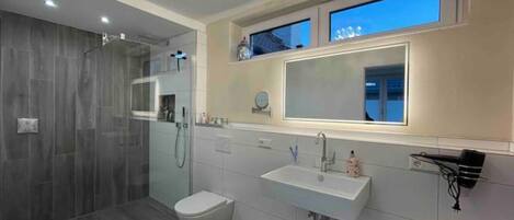 Shower, eco-friendly toiletries, hair dryer, towels
