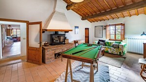 A cozy room with a pool table, a fireplace, and a sofa.