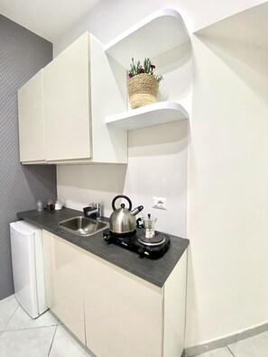 Kühlschrank, Herdplatte, Wasserkocher mit Kaffee-/Teezubehör