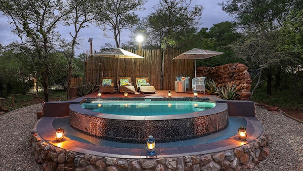 A circular pool with a stone border, surrounded by lounge chairs and umbrellas, set against a backdrop of trees and a wooden fence. - Grace of Africa (Nkomazi)