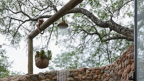 A stone-walled outdoor seating area with two lanterns and a hanging plant. - Grace of Africa (Nkomazi)