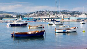 A harbor with various boats docked, a pier, and buildings in the background. - Anchor View (Teignmouth)