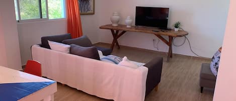 Un salon avec un canapé, un téléviseur posé sur un meuble en bois et une petite table agrémentée d’objets décoratifs.