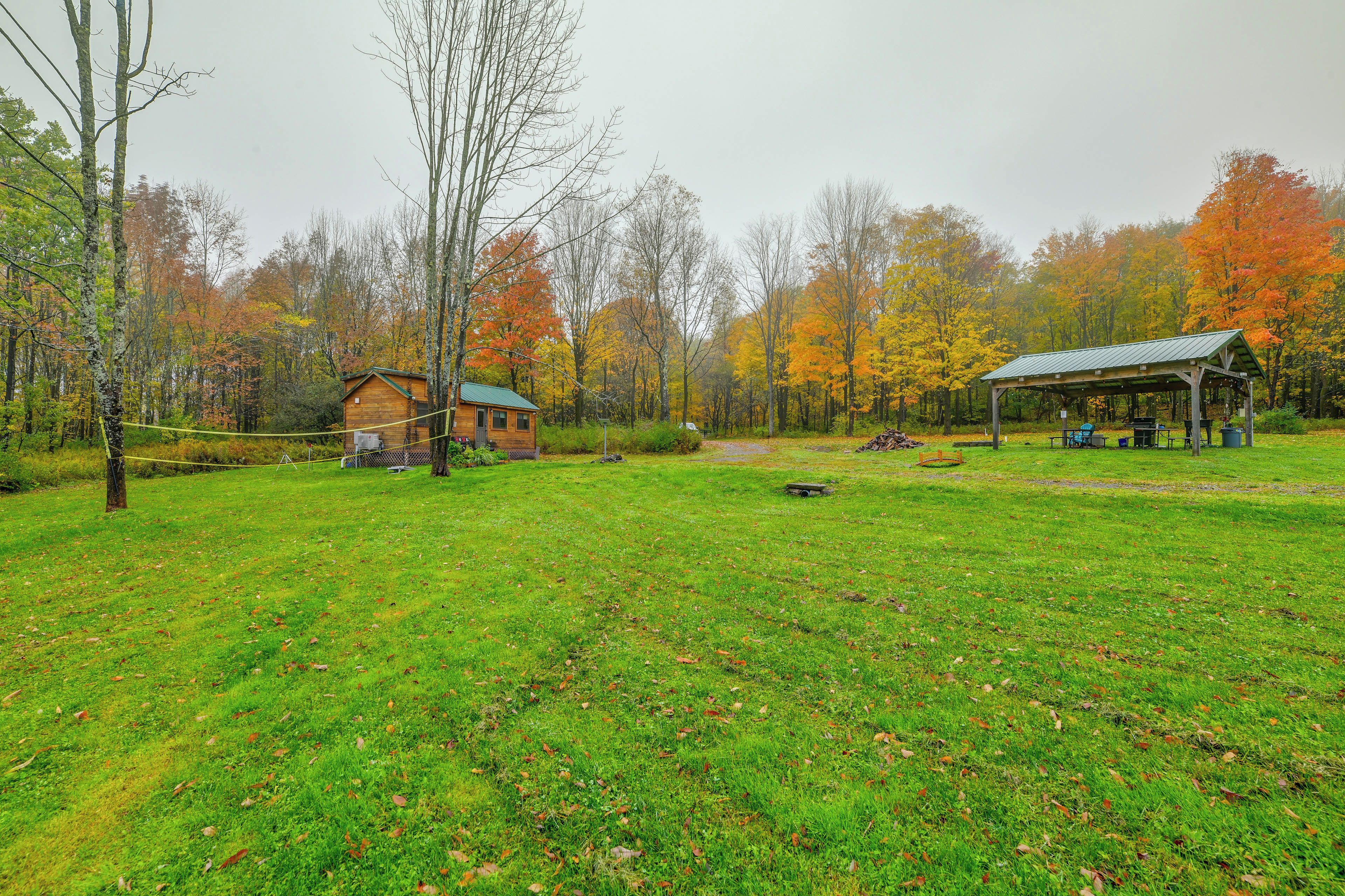 A rustic cabin with a green roof, surrounded by a grassy field and trees with autumn foliage.