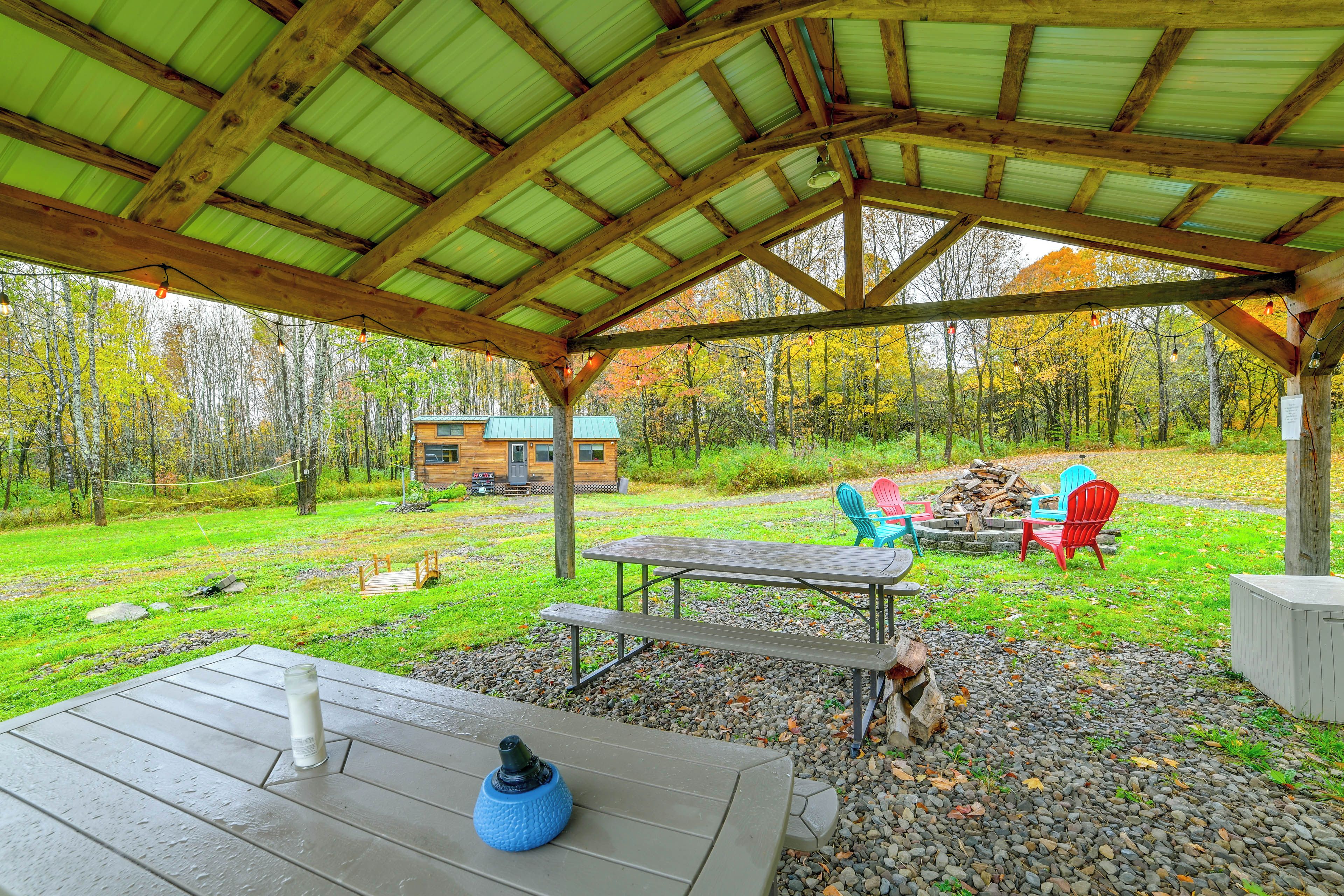 A covered outdoor area with a picnic table, chairs, and a fire pit.