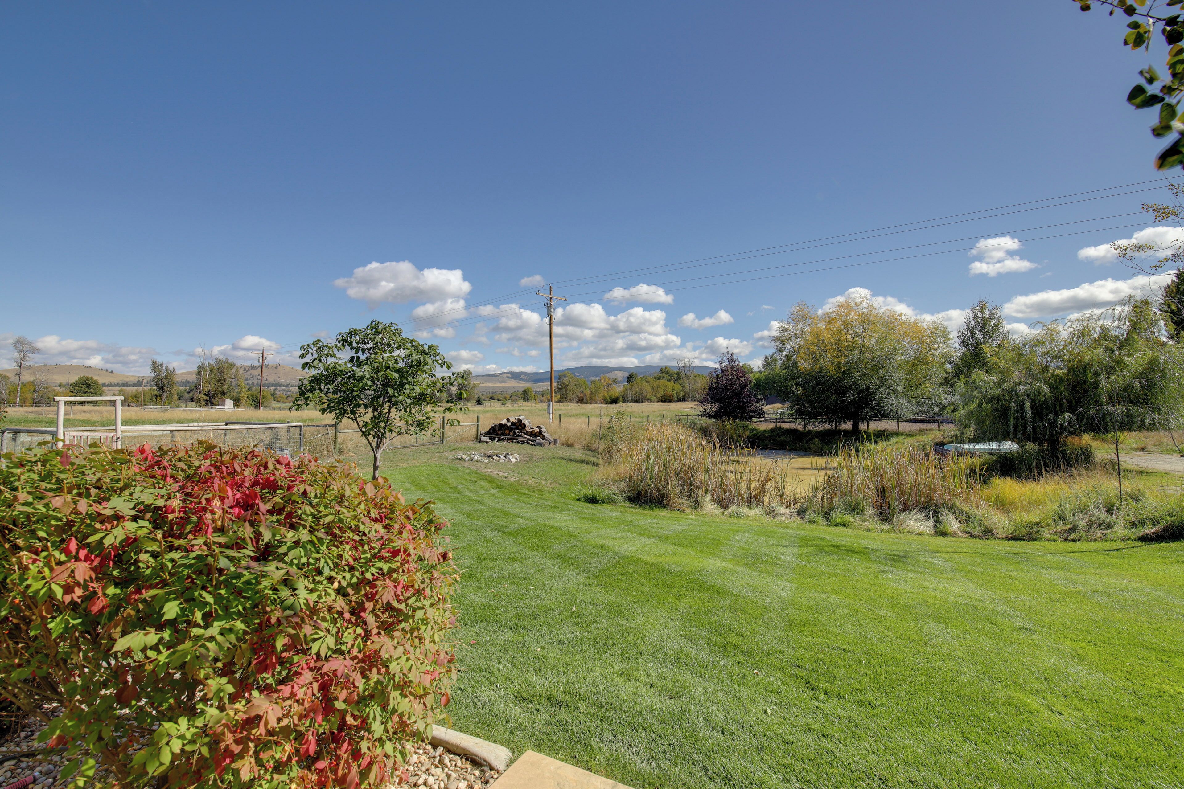 A well-maintained lawn with a small tree and shrubs in the foreground, a clear blue sky, and distant hills.