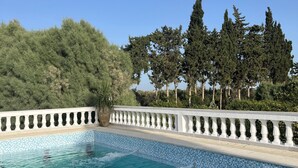 Una piscina con borde de azulejos, rodeada por una barandilla blanca y vegetación.