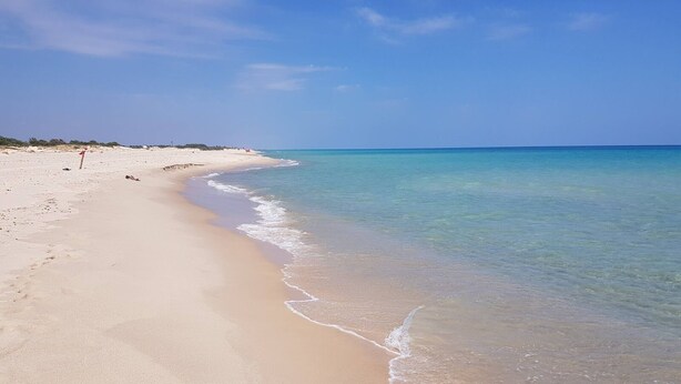 Una playa con agua turquesa cristalina y una orilla arenosa.