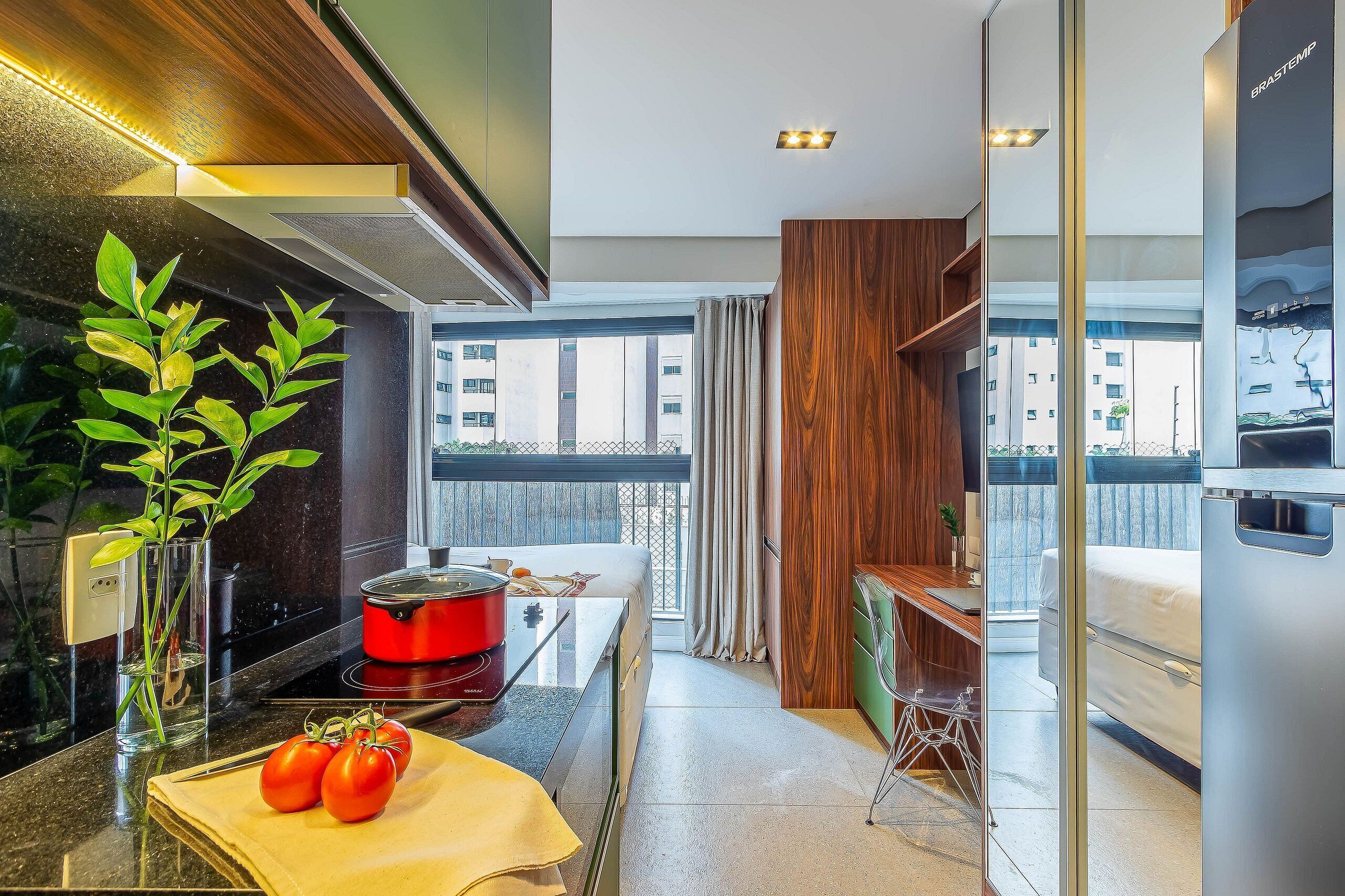 A modern kitchen with a stove, a plant, and a window overlooking a balcony.