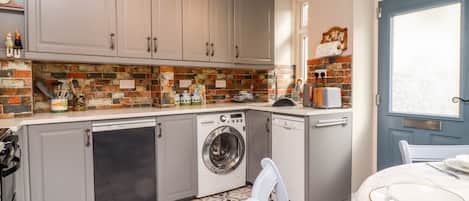 Fridge, dishwasher, electric kettle, toaster