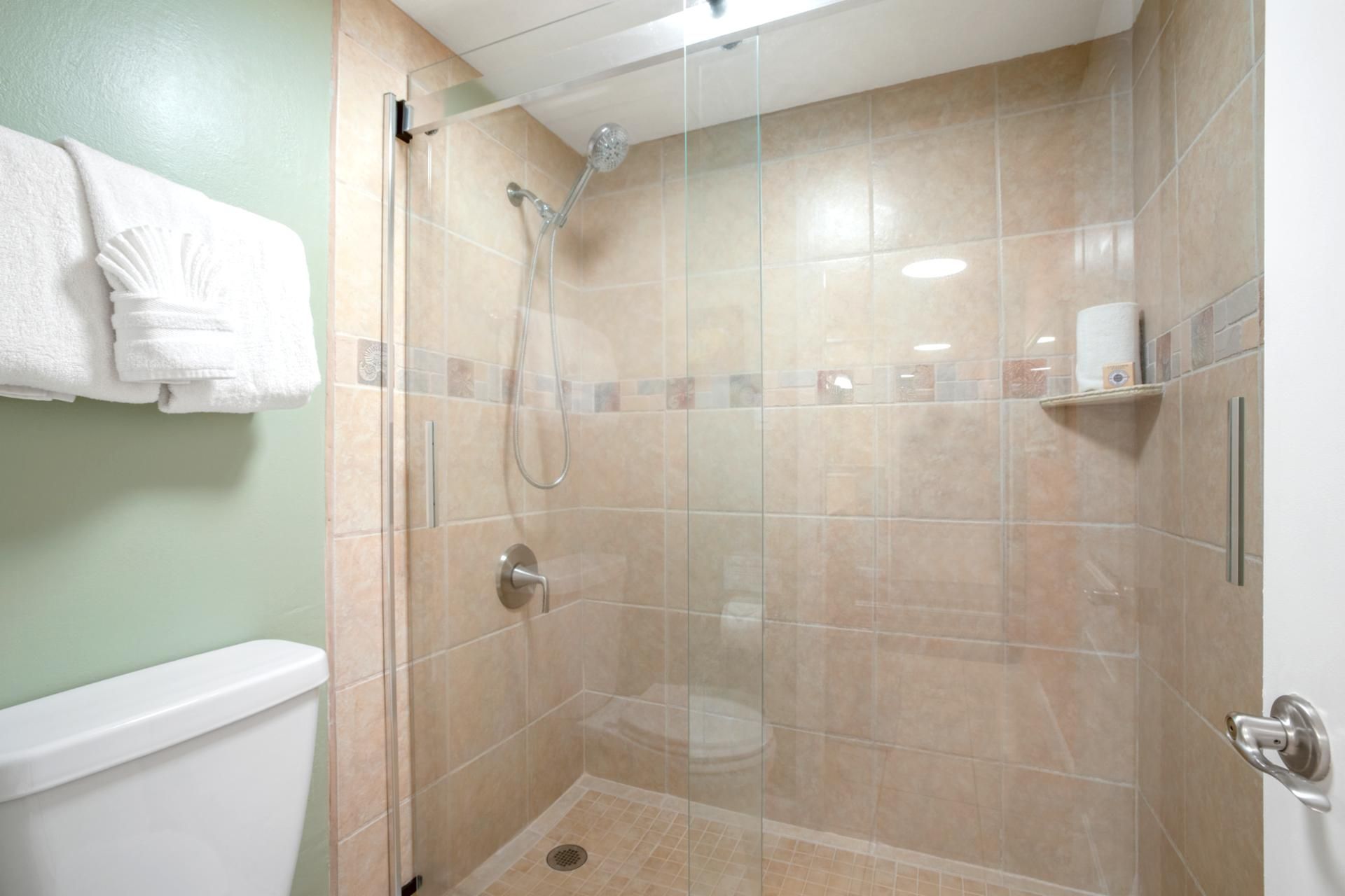 Une cabine de douche fermée par des parois en verre, avec des toilettes et un porte-serviettes.